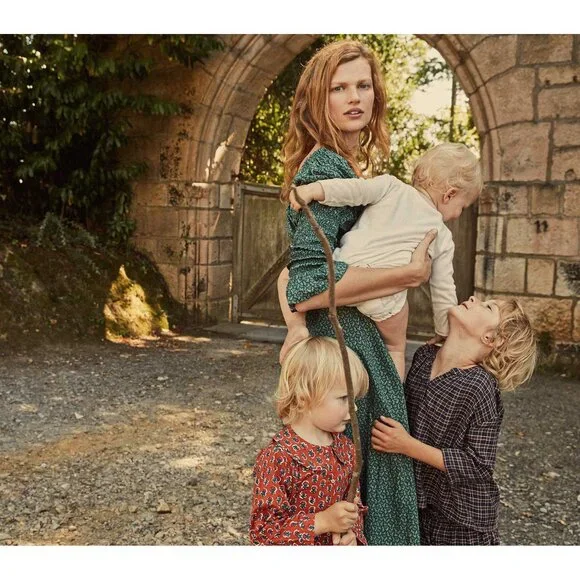 DOEN Kaira Midi Dress Printed Smocked Ruffle Evergreen Puff Sleeve S New - Picture 3 of 11